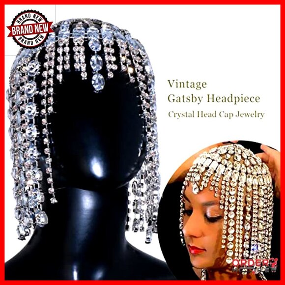 Vintage Rhinestone Flapper Headpiece Cap Gatsby Hair Accessory Handmade main image 4